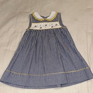 Petit Ami Navy Blue Check Dress - Embroidered Bees with Yellow Trim